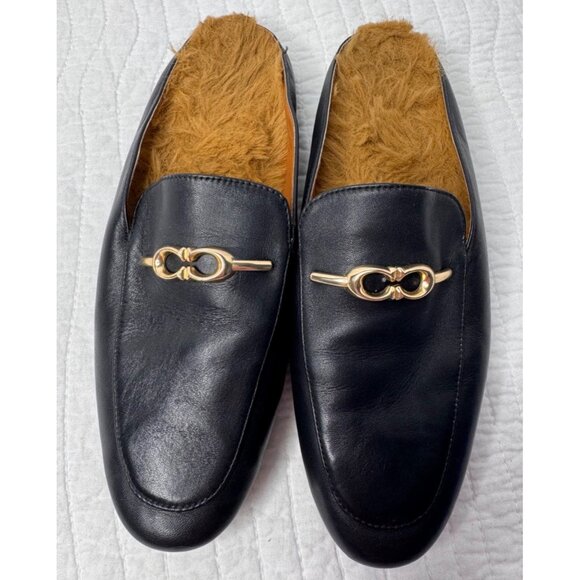 Coach Shoes - Coach Sienna Sherpa Black Leather Slip-on Slides Mules 6.5